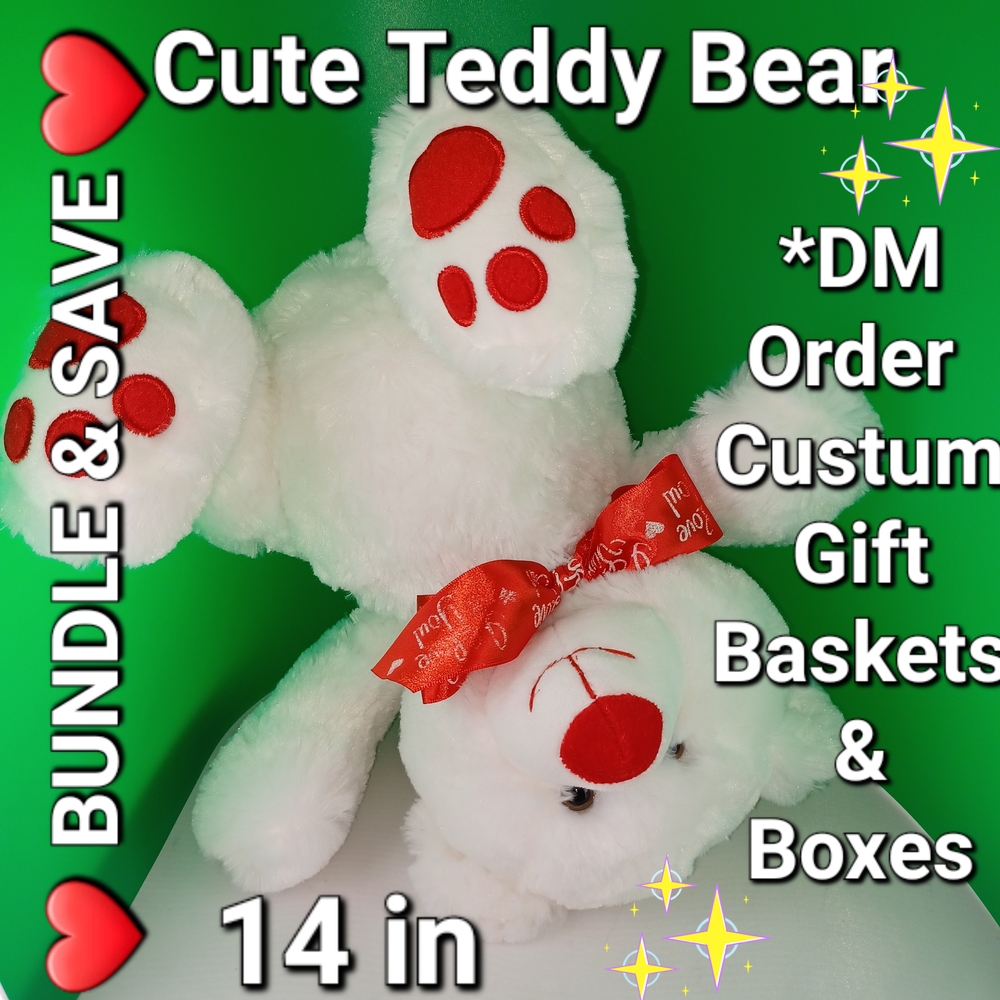 Adorable White Teddy Bear With Red Paw Prints, Nose & Bow
